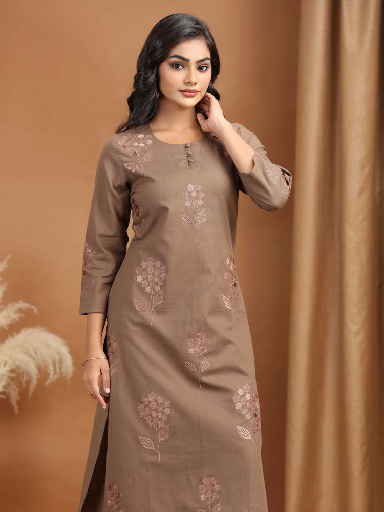 Light Brown Embroidered Cotton Straight Co-ord Set