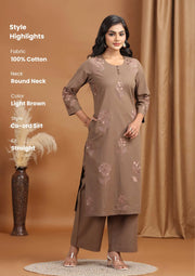 Light Brown Embroidered Cotton Straight Co-ord Set