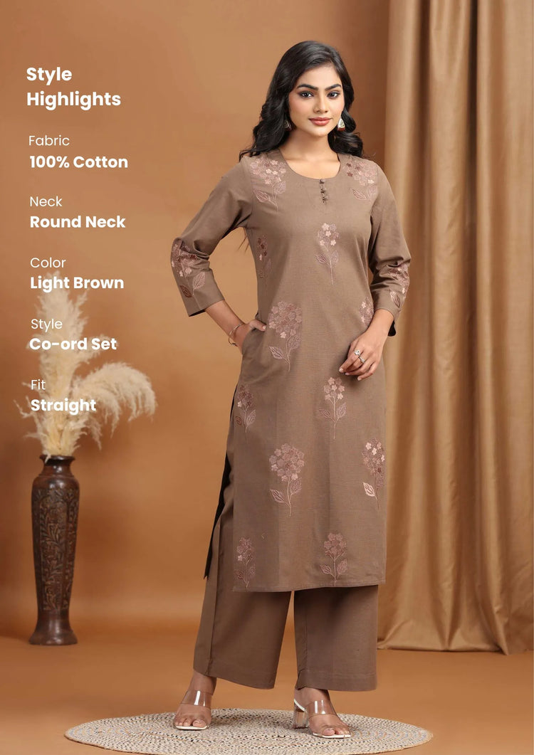 Light Brown Embroidered Cotton Straight Co-ord Set