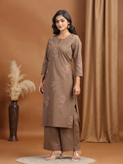 Light Brown Embroidered Cotton Straight Co-ord Set