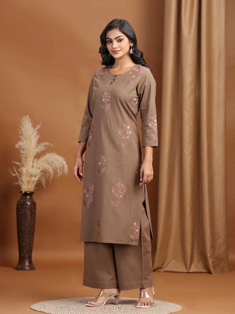 Light Brown Embroidered Cotton Straight Co-ord Set