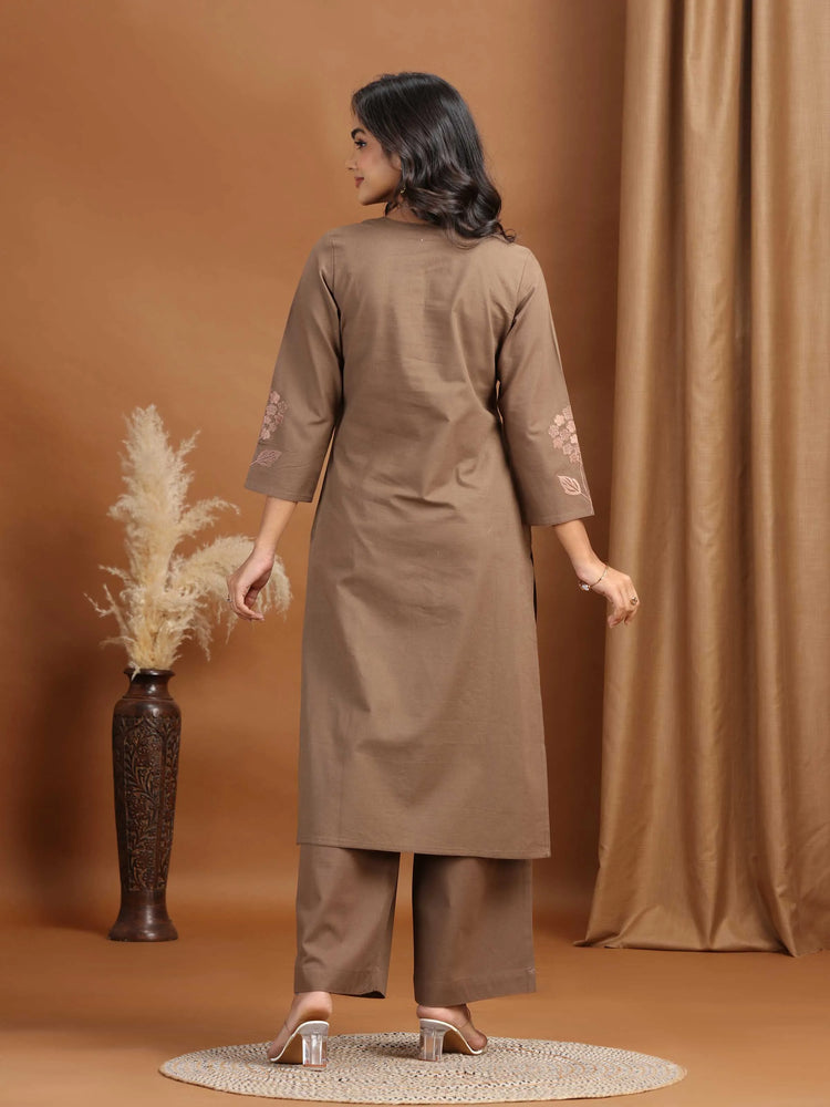 Light Brown Embroidered Cotton Straight Co-ord Set