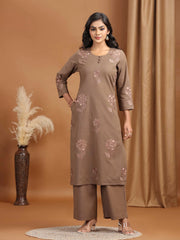 Light Brown Embroidered Cotton Straight Co-ord Set