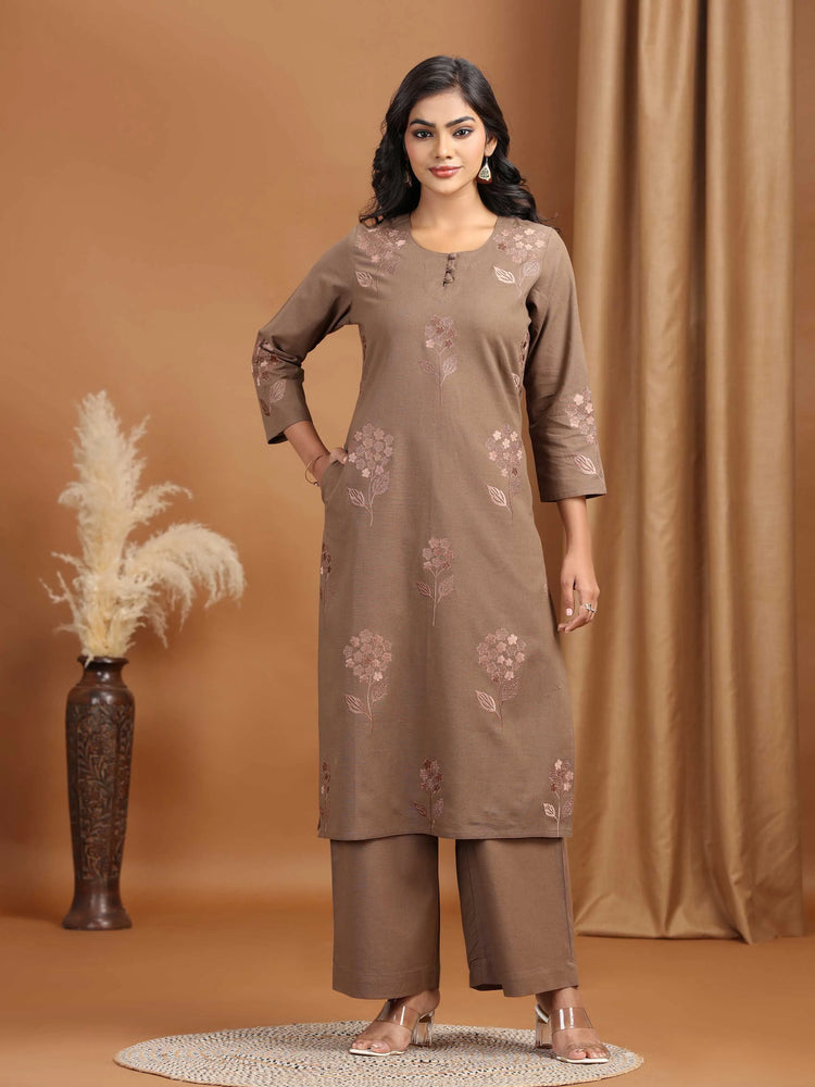Light Brown Embroidered Cotton Straight Co-ord Set
