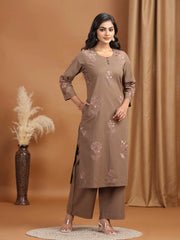 Light Brown Embroidered Cotton Straight Co-ord Set