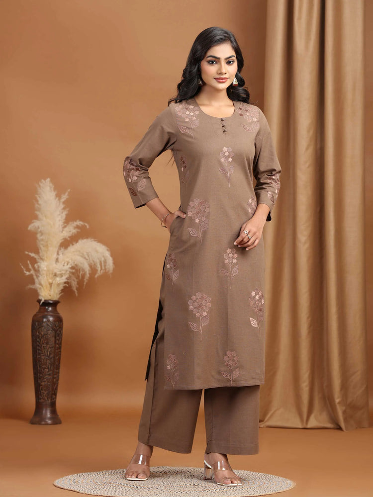 Light Brown Embroidered Cotton Straight Co-ord Set