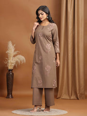 Light Brown Embroidered Cotton Straight Co-ord Set
