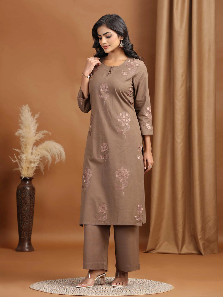 Light Brown Embroidered Cotton Straight Co-ord Set