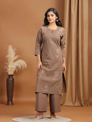 Light Brown Embroidered Cotton Straight Co-ord Set