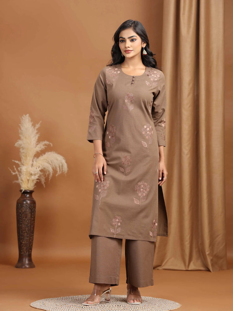Light Brown Embroidered Cotton Straight Co-ord Set