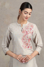 Light Gray Floral Embroidered Straight Co-ord Set