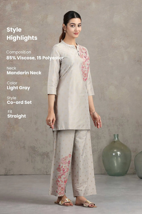 Light Gray Floral Embroidered Straight Co-ord Set