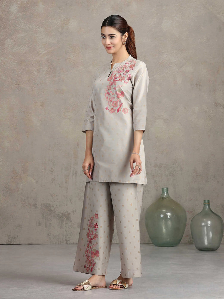 Light Gray Floral Embroidered Straight Co-ord Set