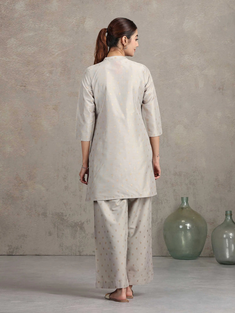 Light Gray Floral Embroidered Straight Co-ord Set