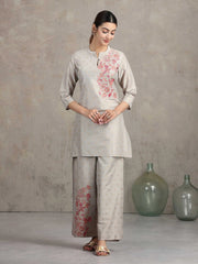 Light Gray Floral Embroidered Straight Co-ord Set