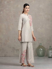 Light Gray Floral Embroidered Straight Co-ord Set