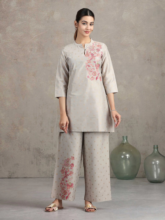 Light Gray Floral Embroidered Straight Co-ord Set
