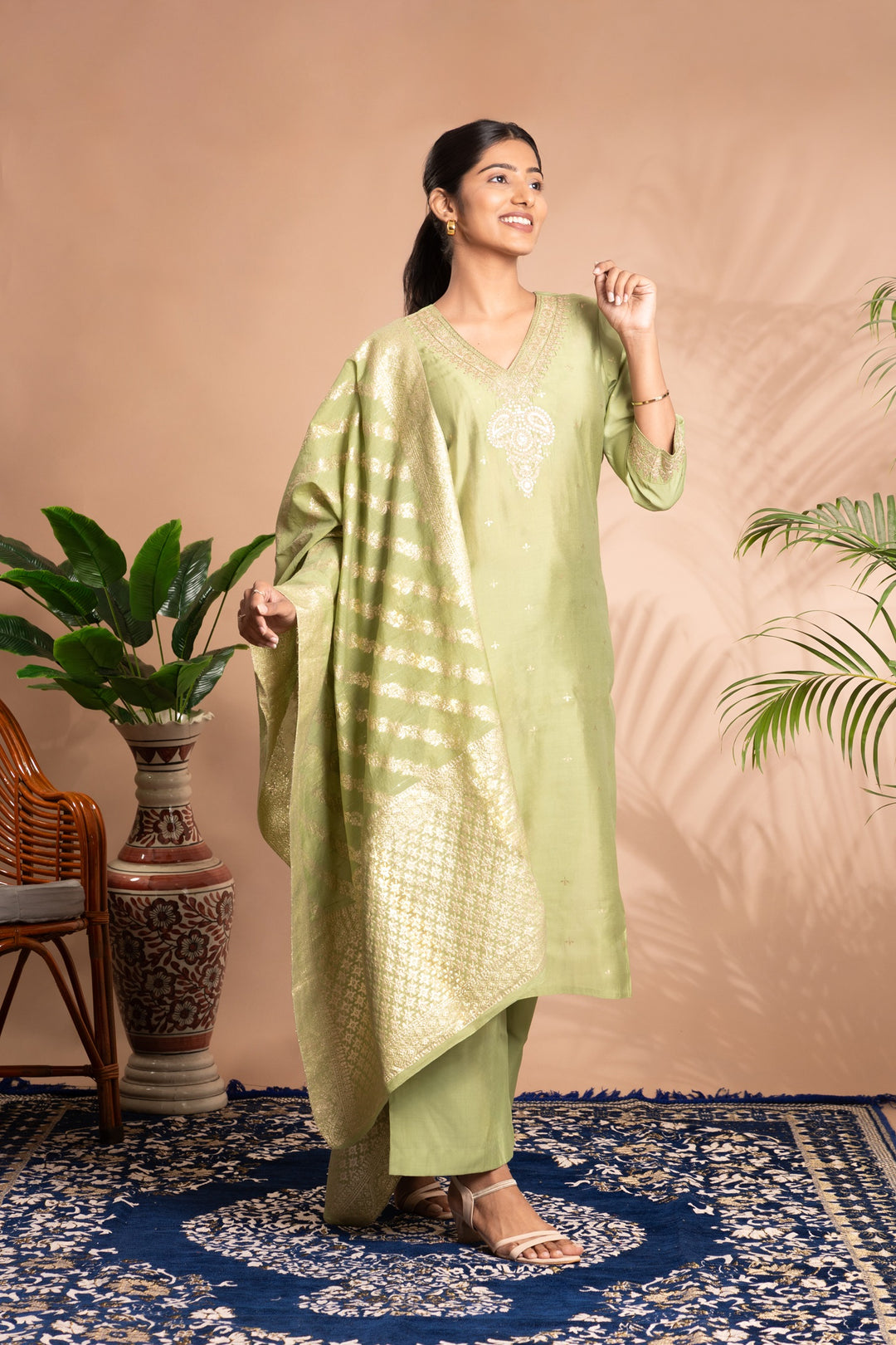 Light Green Embroidered Straight Ethnic Set