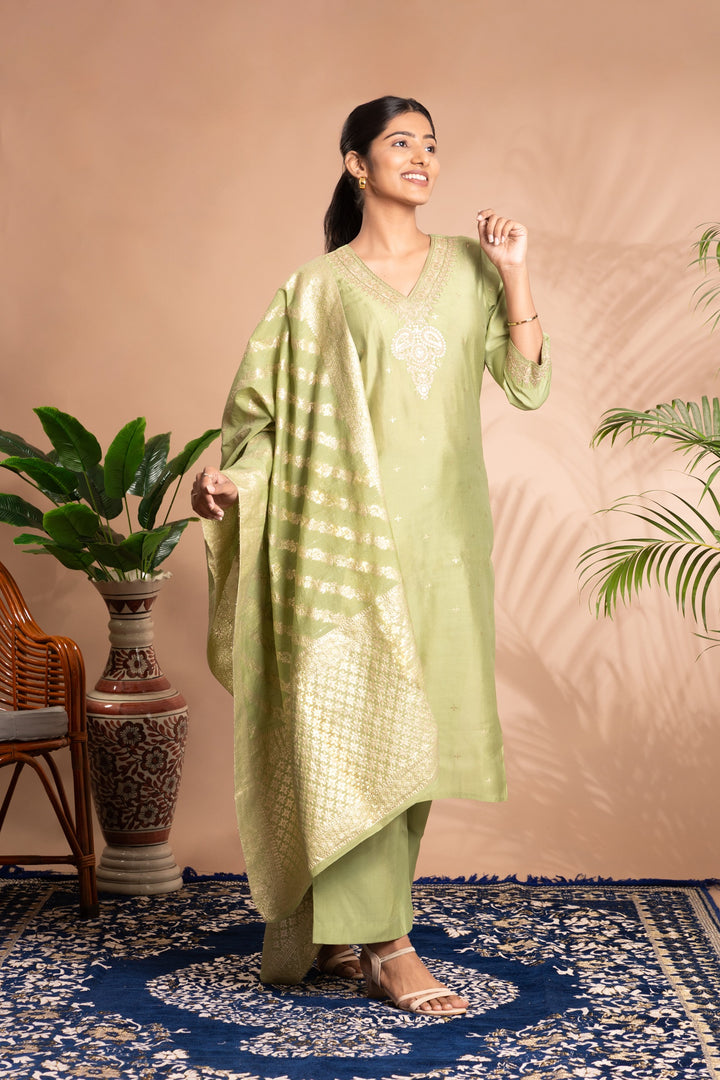Light Green Embroidered Straight Ethnic Set