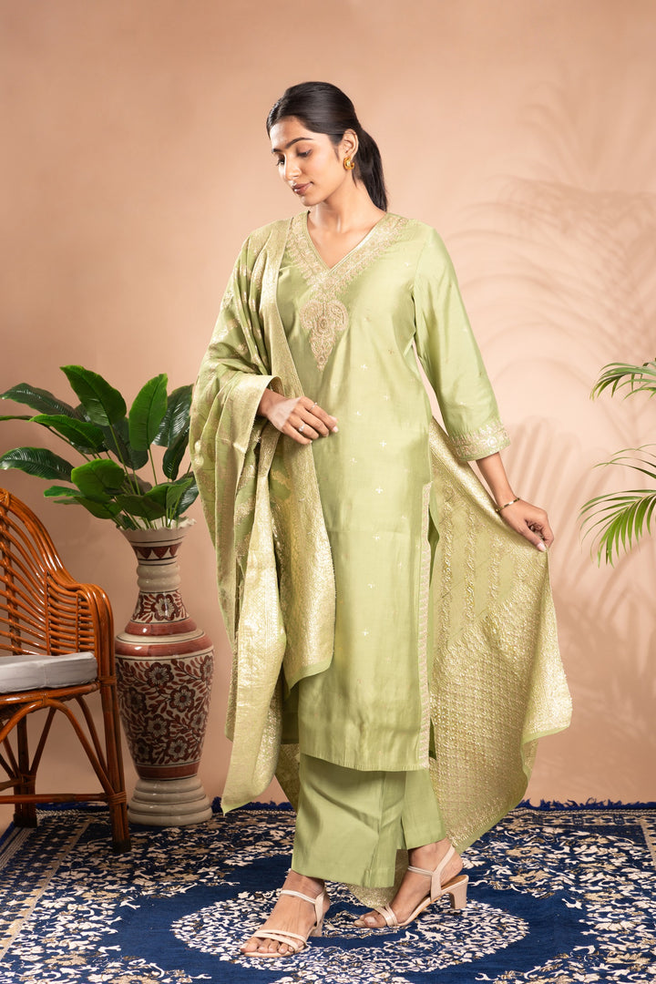 Light Green Embroidered Straight Ethnic Set