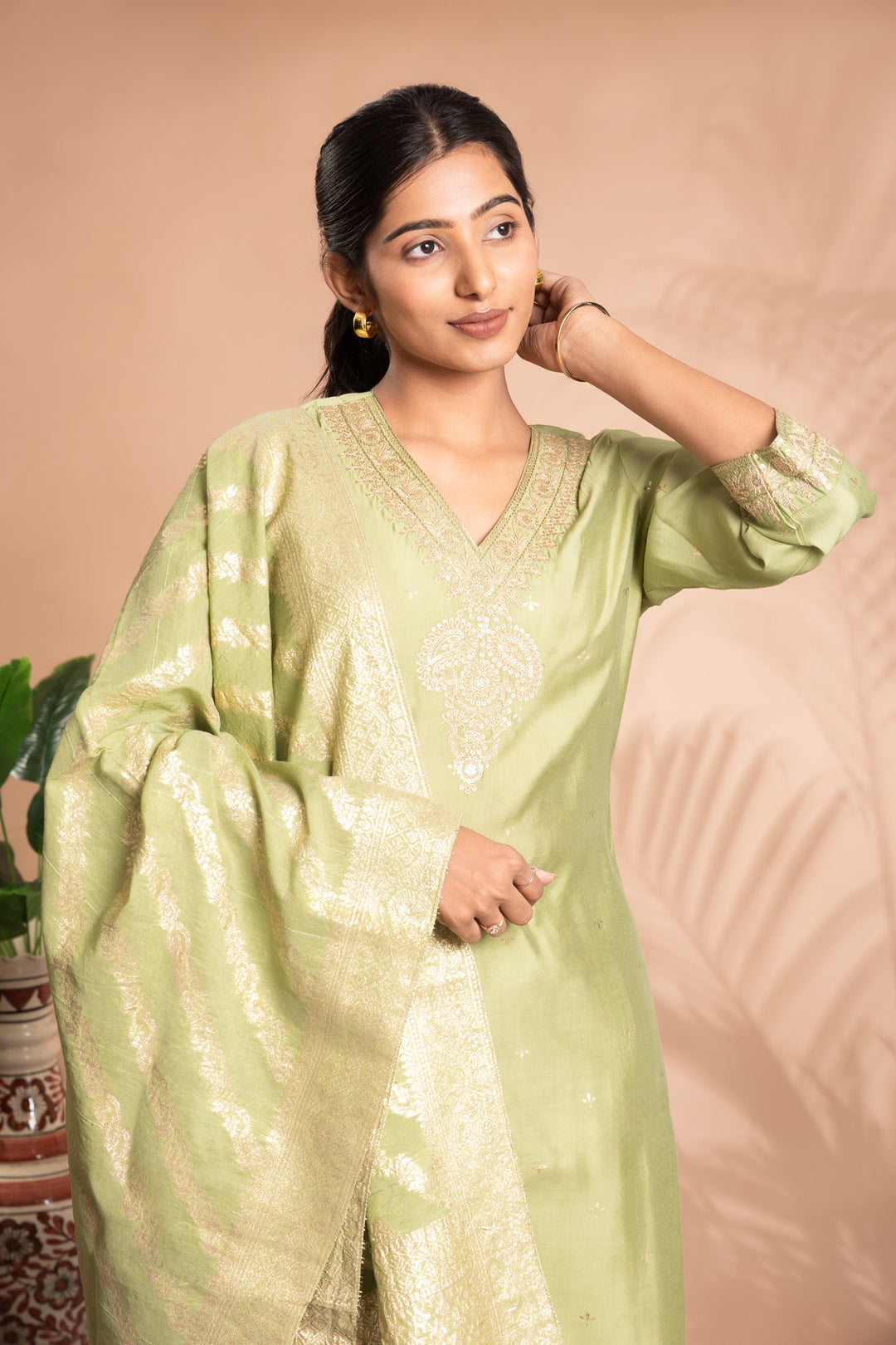 Light Green Embroidered Straight Ethnic Set
