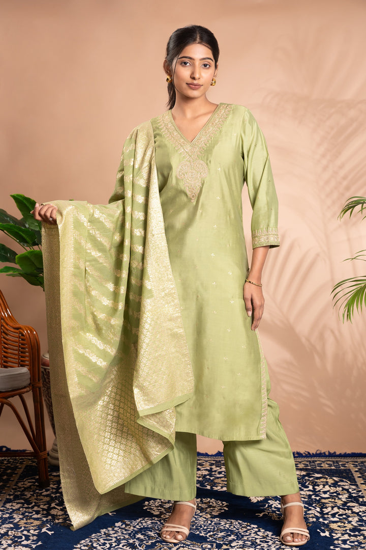 Light Green Embroidered Straight Ethnic Set
