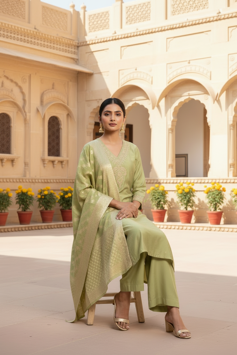 Light Green Embroidered Straight Ethnic Set
