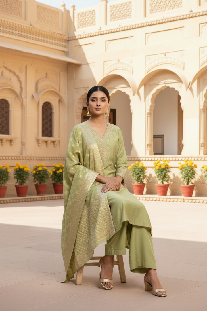Light Green Embroidered Straight Ethnic Set