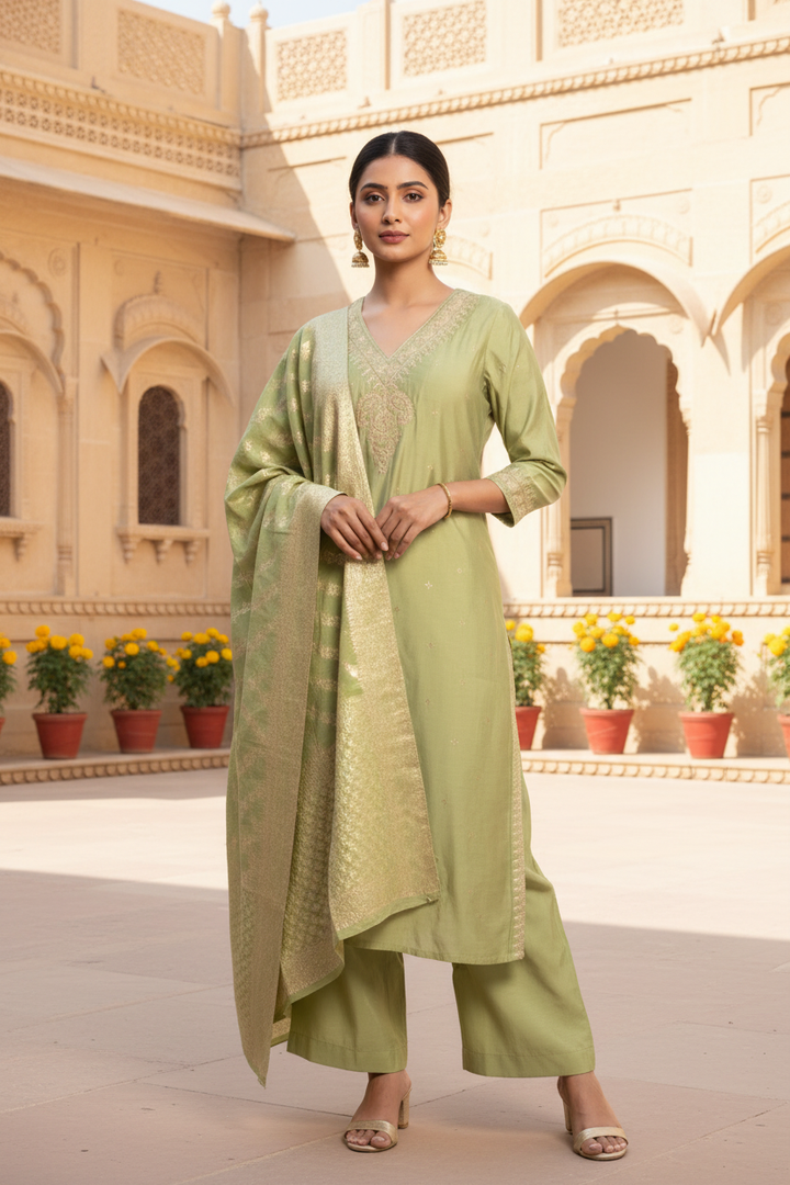 Light Green Embroidered Straight Ethnic Set