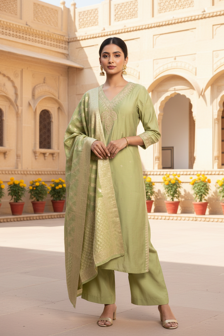 Light Green Embroidered Straight Ethnic Set