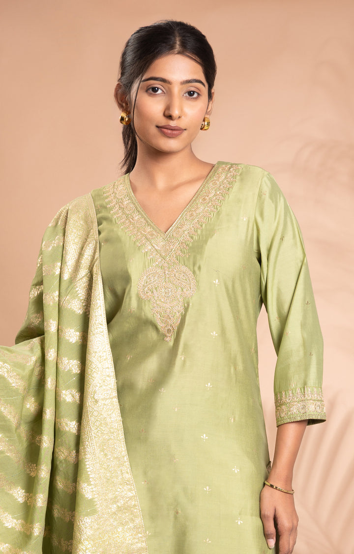 Light Green Embroidered Straight Ethnic Set