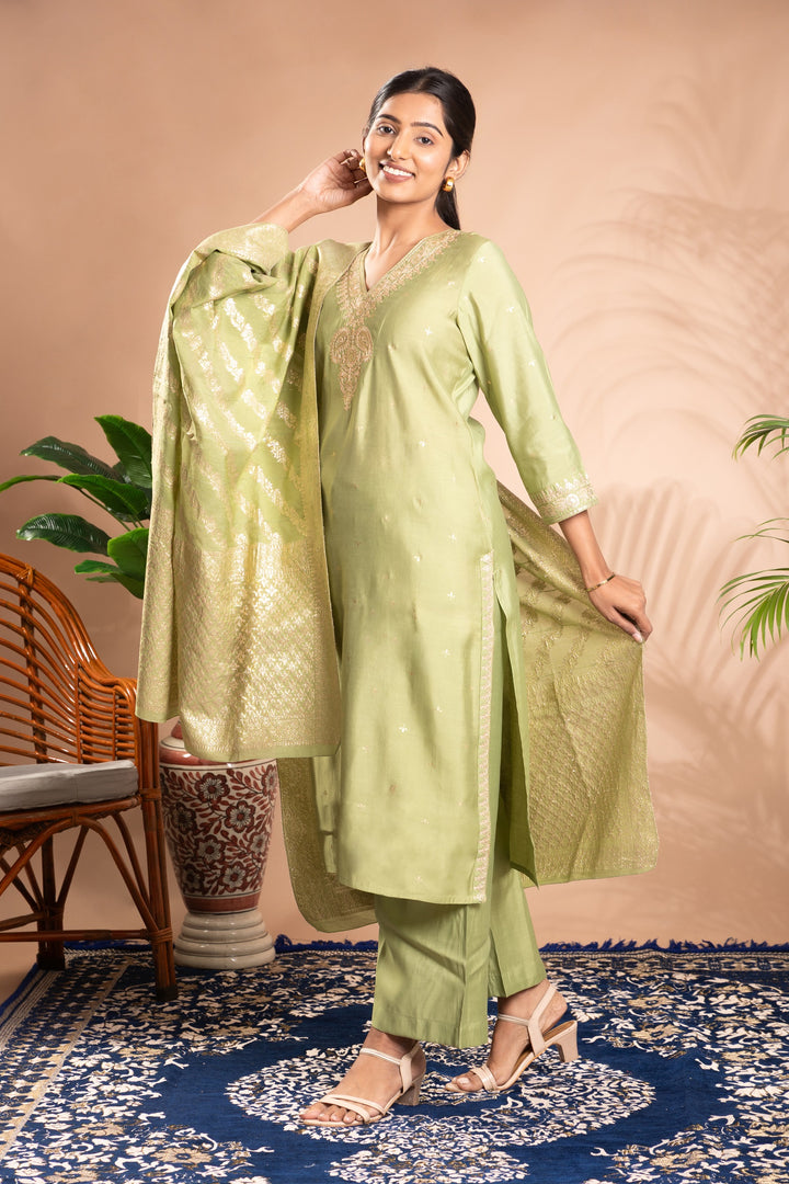 Light Green Embroidered Straight Ethnic Set