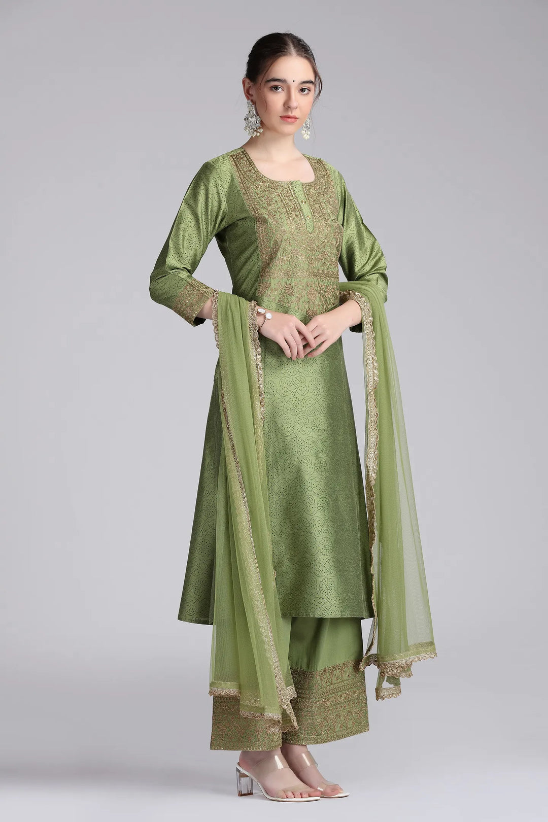 Light Green PolySilk Embroidered Straight Kurta Pant and Dupatta Suit Set