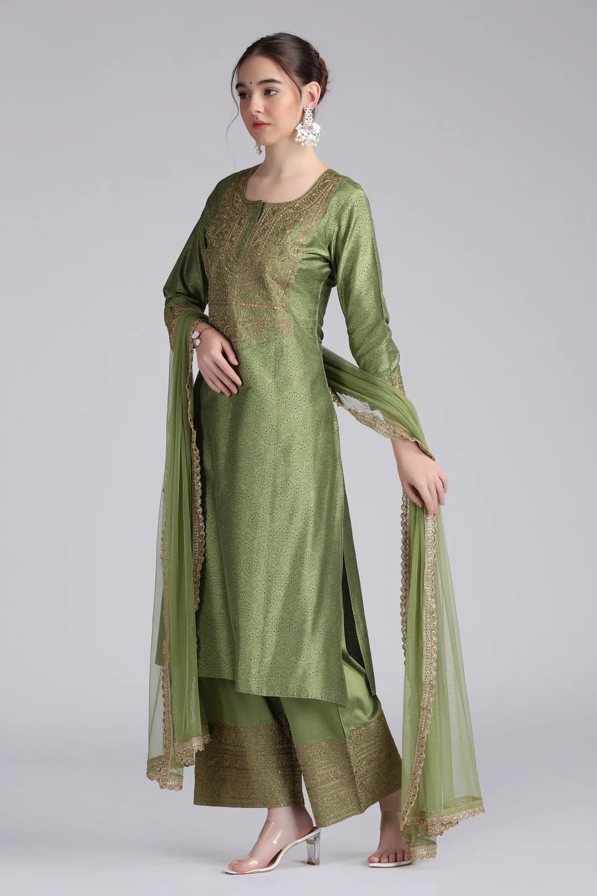 Light Green PolySilk Embroidered Straight Kurta Pant and Dupatta Suit Set