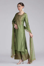 Light Green PolySilk Embroidered Straight Kurta Pant and Dupatta Suit Set