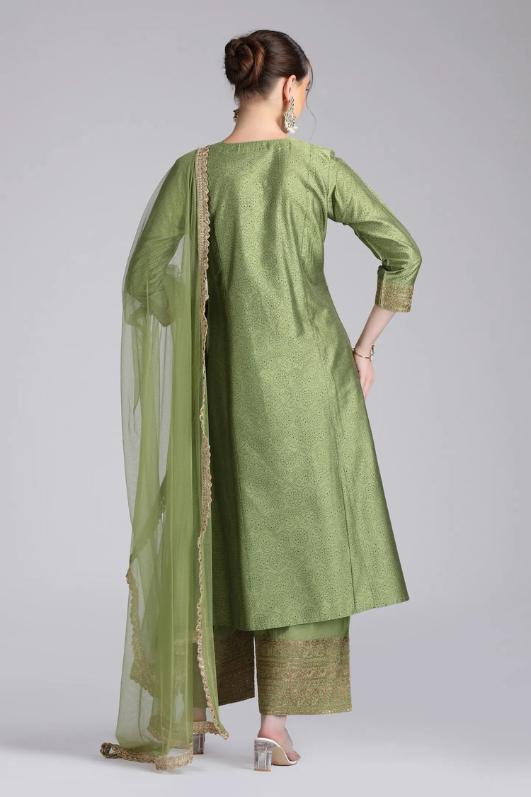 Light Green PolySilk Embroidered Straight Kurta Pant and Dupatta Suit Set