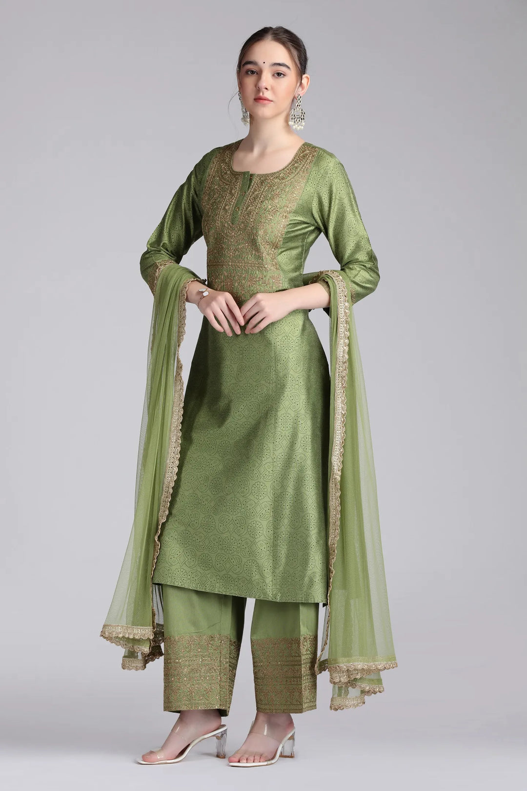 Light Green PolySilk Embroidered Straight Kurta Pant and Dupatta Suit Set