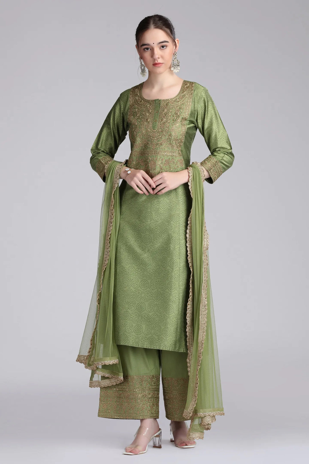 Light Green PolySilk Embroidered Straight Kurta Pant and Dupatta Suit Set