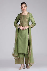 Light Green PolySilk Embroidered Straight Kurta Pant and Dupatta Suit Set