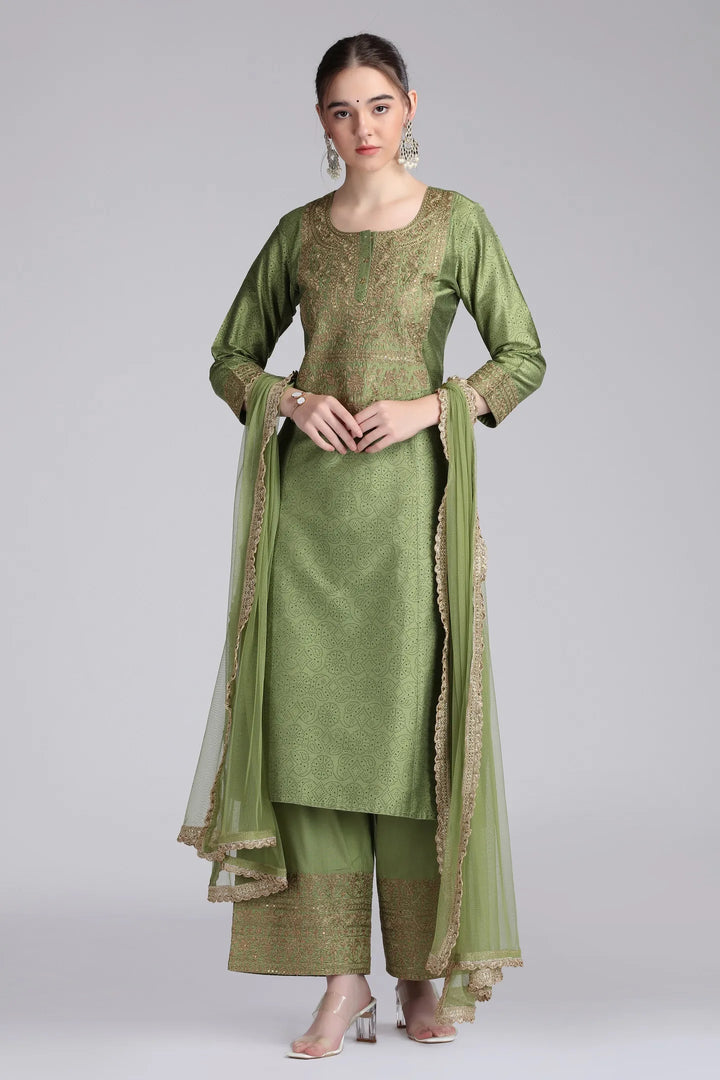 Light Green PolySilk Embroidered Straight Kurta Pant and Dupatta Suit Set