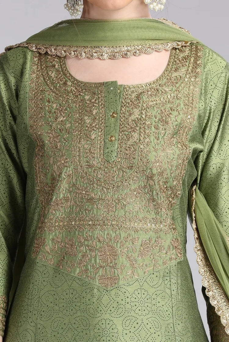 Light Green PolySilk Embroidered Straight Kurta Pant and Dupatta Suit Set