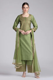 Light Green PolySilk Embroidered Straight Kurta Pant and Dupatta Suit Set
