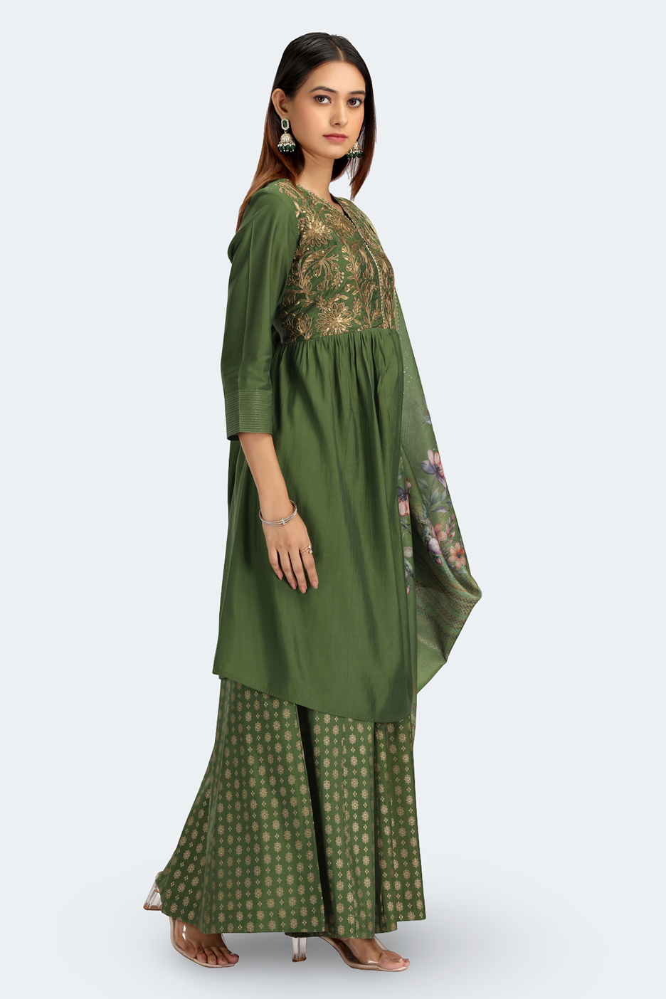 Light Green Roman Silk Embroidered Gathered Kurta Pant and Dupatta Suit Set