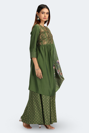 Light Green Roman Silk Embroidered Gathered Kurta Pant and Dupatta Suit Set