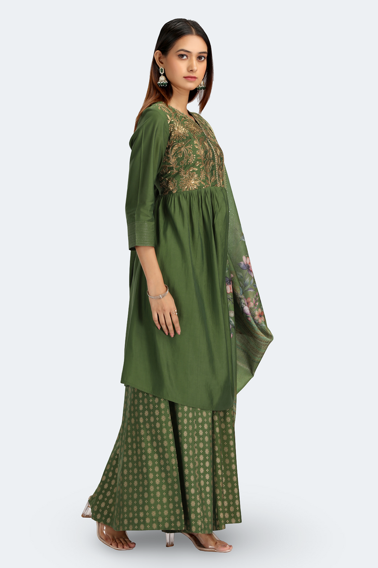 Light Green Roman Silk Embroidered Gathered Kurta Pant and Dupatta Suit Set