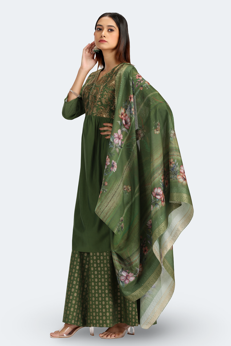 Light Green Roman Silk Embroidered Gathered Kurta Pant and Dupatta Suit Set