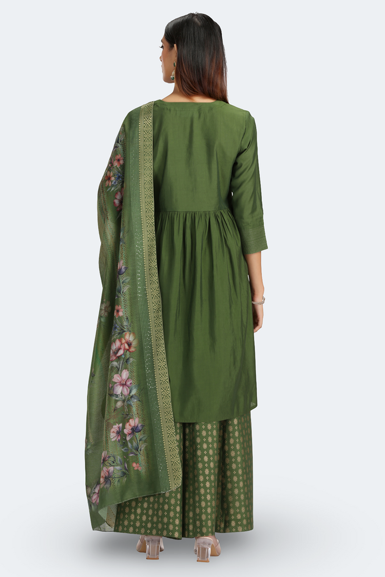 Light Green Roman Silk Embroidered Gathered Kurta Pant and Dupatta Suit Set