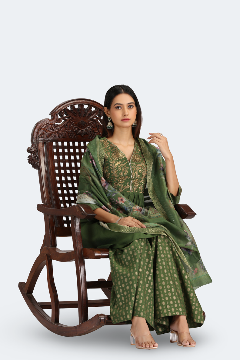 Light Green Roman Silk Embroidered Gathered Kurta Pant and Dupatta Suit Set