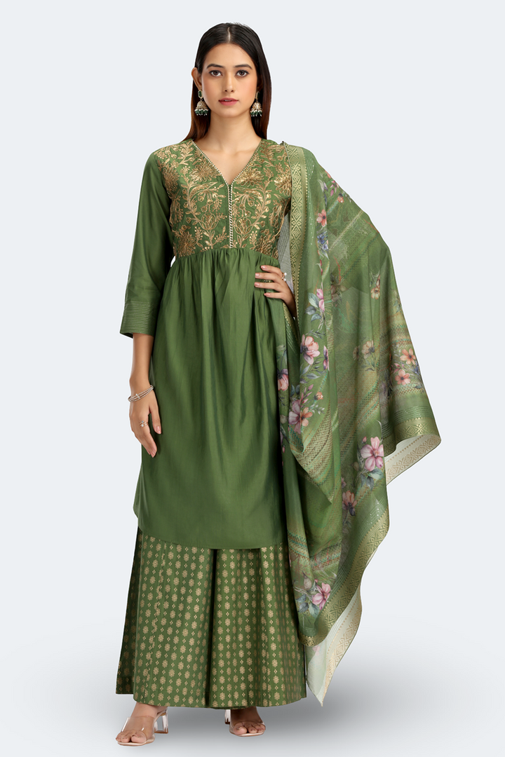 Light Green Roman Silk Embroidered Gathered Kurta Pant and Dupatta Suit Set