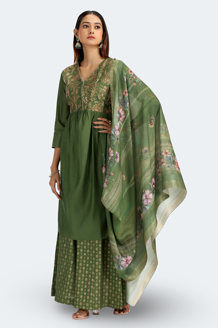 Light Green Roman Silk Embroidered Gathered Kurta Pant and Dupatta Suit Set